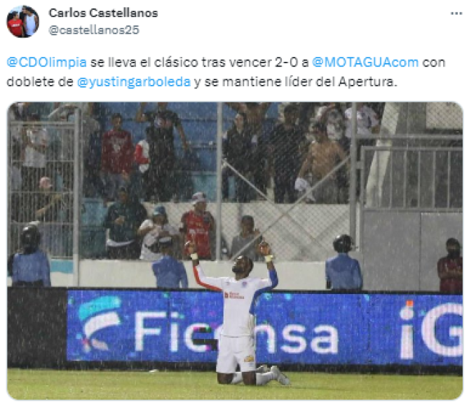 Carlos Castellanos, periodista de Diario DIEZ: “Olimpia se lleva el clásico tras vencer 2-0 a Motagua con doblete de Yustin Arboleda y se mantiene líder del Apertura”. 