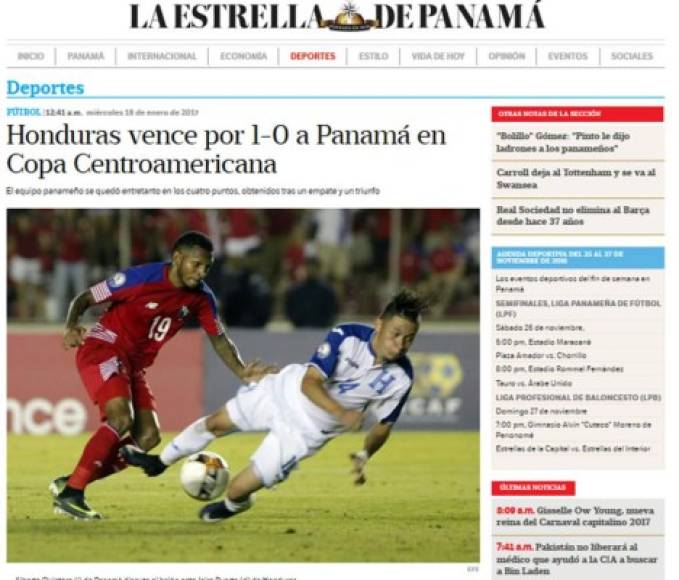 La Estrella de Panamá: 'Honduras vence por 1-0 a Panamá en Copa Centroamericana'.