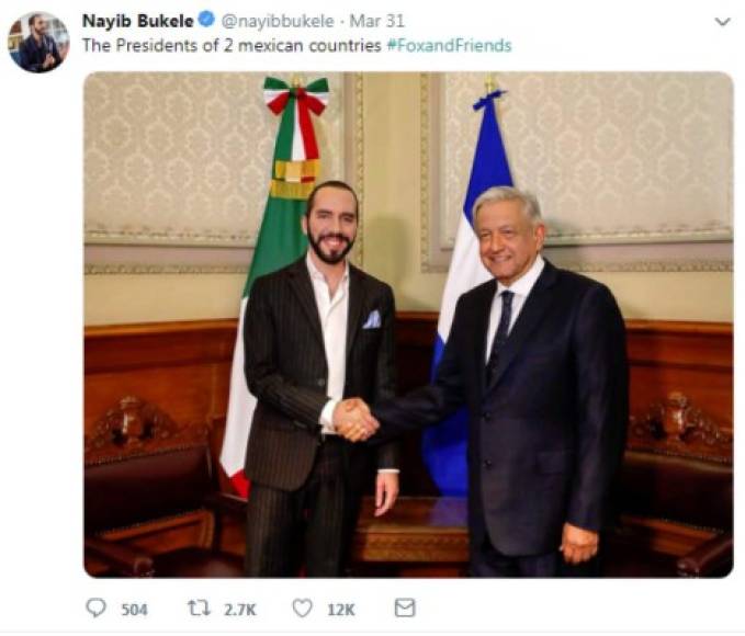 También se burló de la cadena estadounidense Fox News por afirmar que El Salvador era un 'país mexicano'. 'Los presidentes de 2 países mexicanos', escribió junto a una foto de su reunión con Andrés Manuel López Obrador.