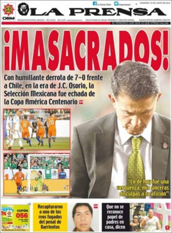 La Prensa de México, titula 'MASACRADOS'.