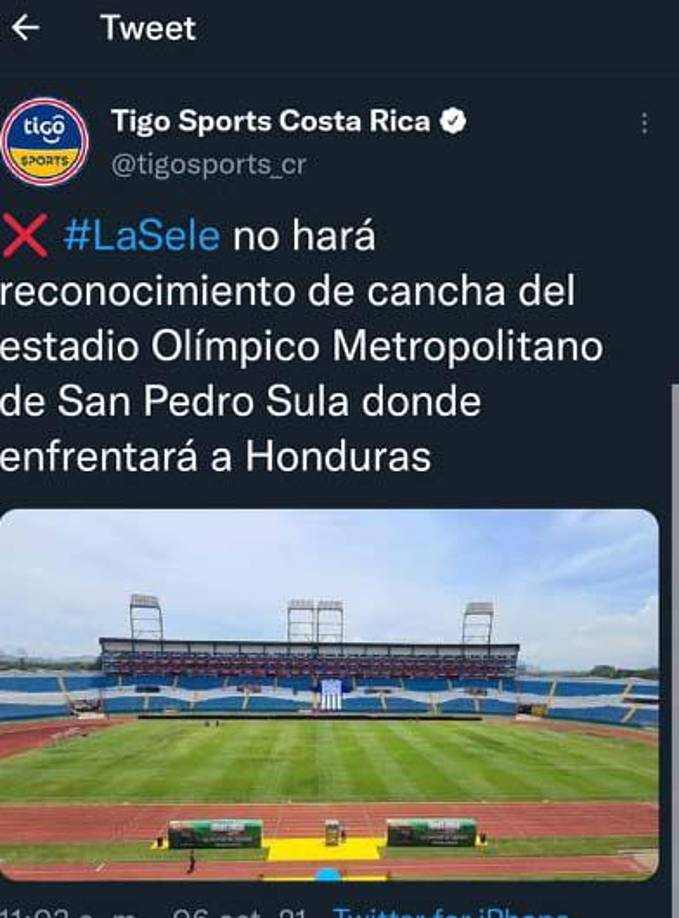 Tigo Sports de Costa Rica informa que el combinado costarricense no hará reconocimiento de cancha del estadio Olímpico. 