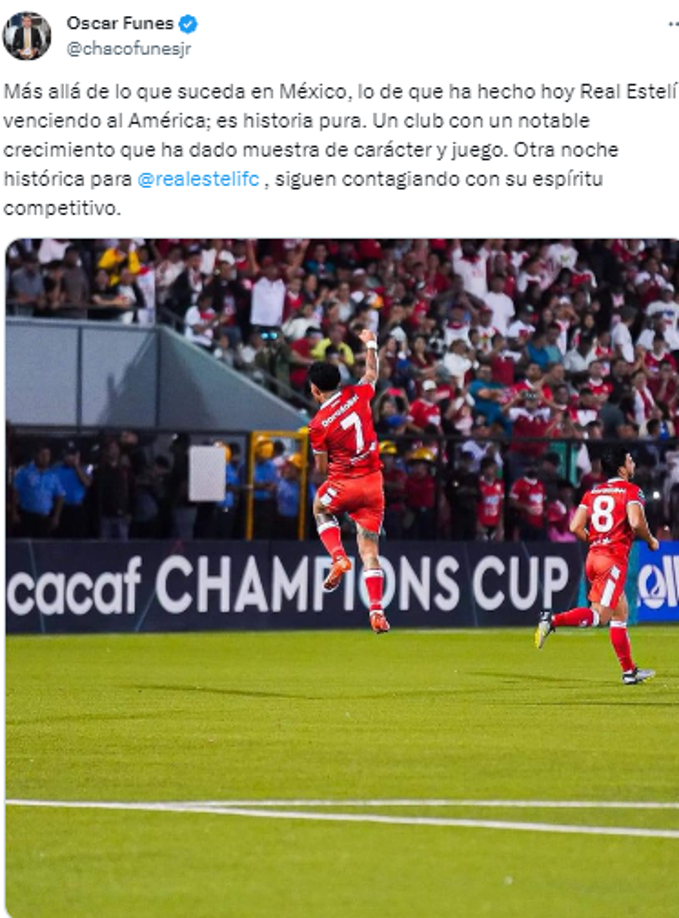 “Más allá de lo que suceda en México, lo que ha hecho hoy Real Estelí venciendo al América; es historia pura. Un club con un notable crecimiento que ha dado muestra de carácter y juego”, comentó Oscar Funes, periodista hondureño.