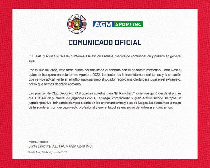 El FAS mediante comunicado informó sobre la rescisión del contrato de Omar Rosas.