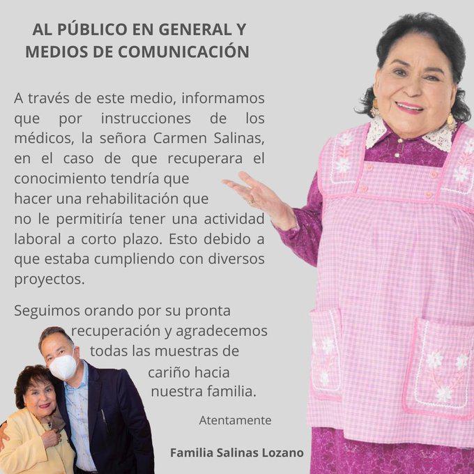 El comunicado que compartió la familia de Carmen Salinas.