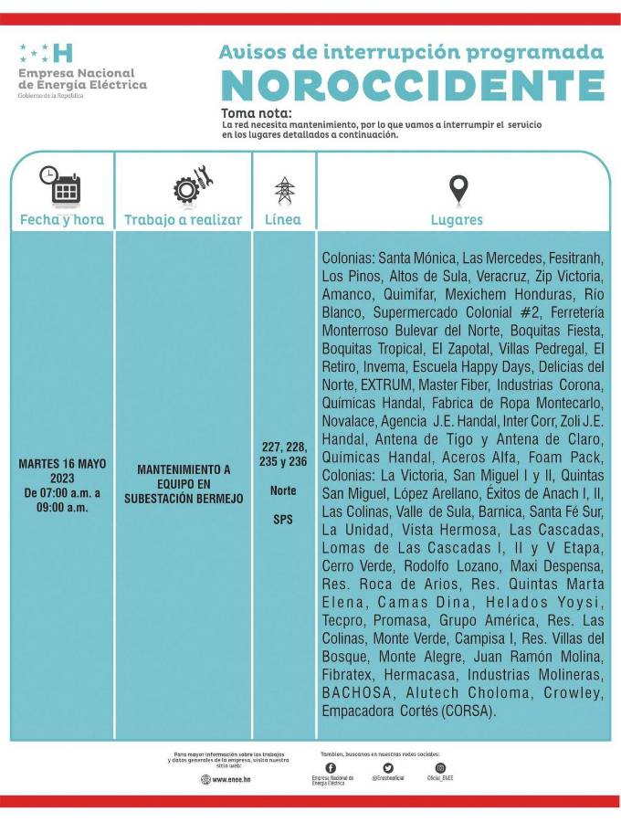 Cortes programados en Choloma y San Pedro Sula.
