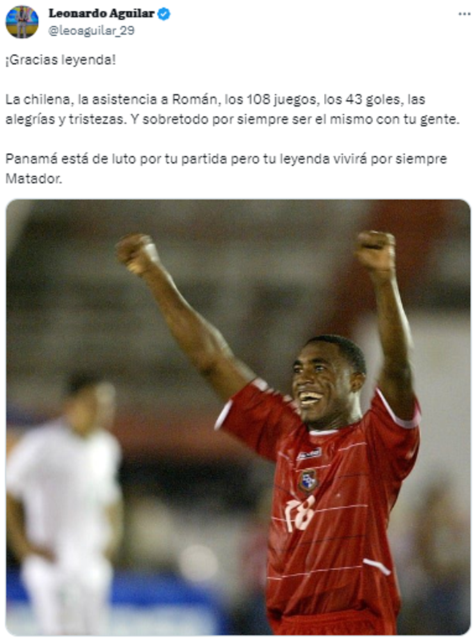 “¡Gracias leyenda! La chilena, la asistencia a Román, los 108 juegos, los 43 goles, las alegrías y tristezas. Y sobre todo por siempre ser el mismo con tu gente”, expresó Fernando Aguilar, periodista panameño.