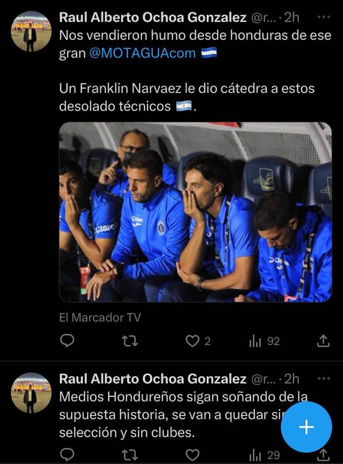 El periodista Raúl Ochoa de El Marcador TV lanzó una advertencia a Honduras. “Medios hondureños sigan soñando de la supuesta historia, se van a quedar sin selección y sin clubes”. “Nos vendieron humo desde Honduras de ese gran Motagua. Un Franklin Narvaez le dio cátedra a estos desolado técnicos”, agregó sobre el equipo de César Vigevani.