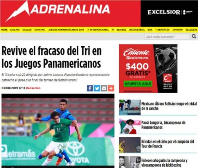 El diario Excélsior de México destacó que el Tri volvió a fracasar en unos Juegos Panamericanos.