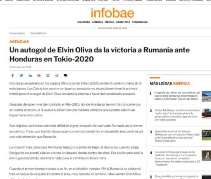 Infobae de Argentina - “Un autogol de Elvin Oliva da la victoria a Rumania ante Honduras en Tokio-2020”.