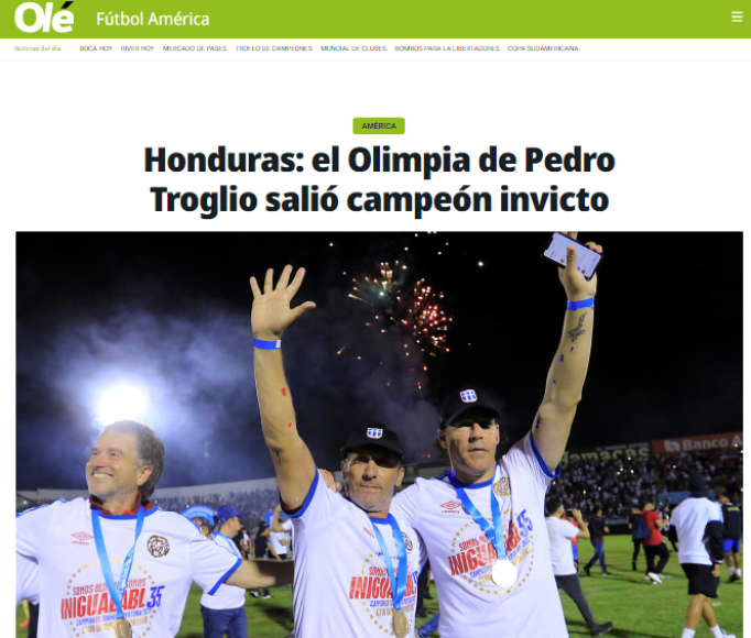 Diario Olé de Argentina: “El Olimpia de Pedro Troglio salió campeón invicto”