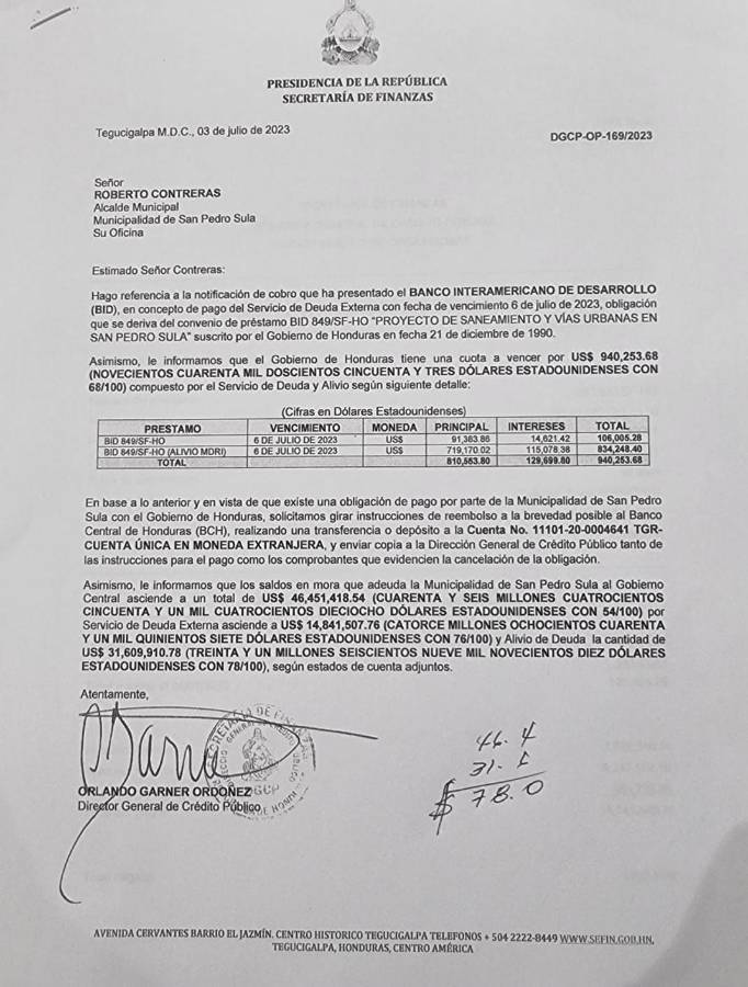 Copia de notificación de cobro enviada por la Secretaría de Finanzas a la Municipalidad de San Pedro Sula.