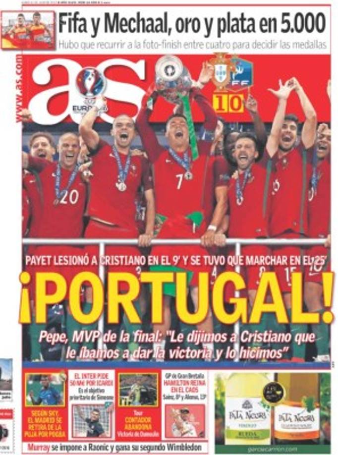 La portada del diario As de España en donde Portugal y Cristiano obtuvieron la Eurocopa.