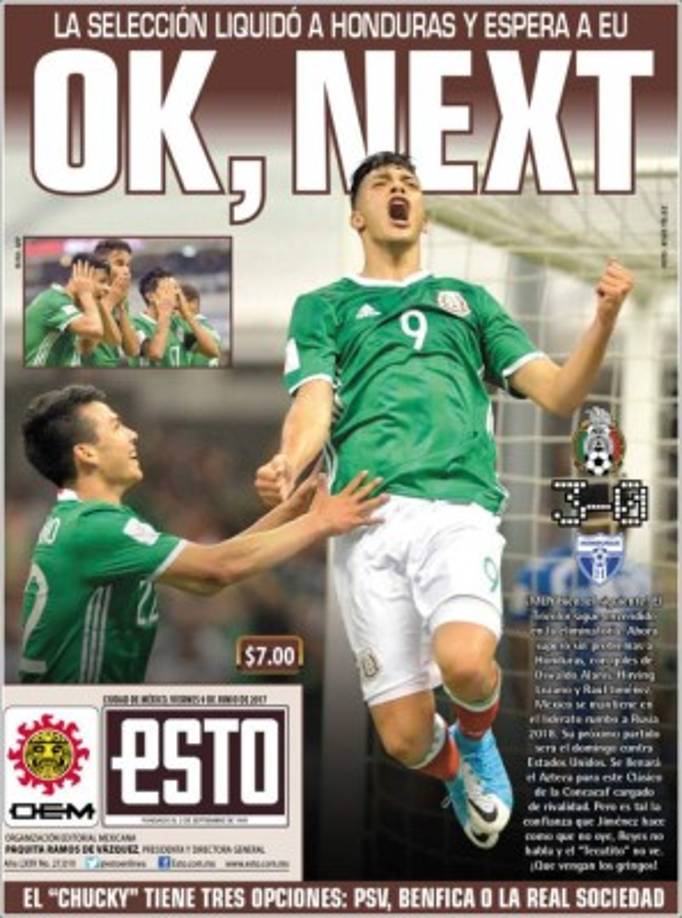 El diario Esto ya pide al siguiente rival de México, que es Estados Unidos. 'La Selección liquidó a Honduras y espera a EU'.