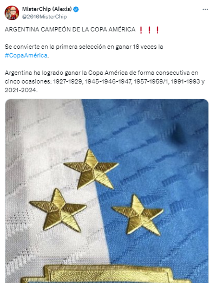El dato de Mister Chip sobre el nuevo título de Argentina en la Copa América 2024.