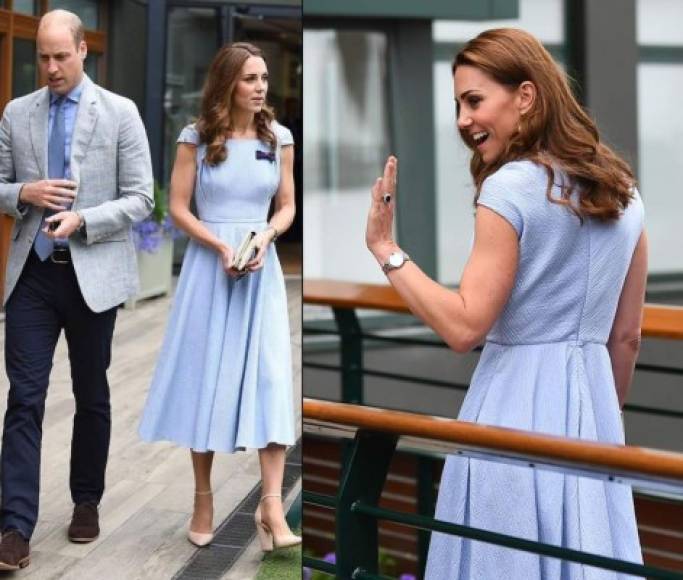 Mientras su esposo, el príncipe William, optó por una chaqueta de traje gris, una camisa azul y un pantalón azul marino.