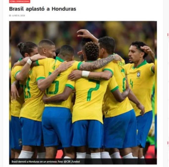 Diario Versus de Paraguay - 'Brasil aplastó a Honduras. A pesar de jugaro sin Neymar, Brasil arrolló 7-0 a Honduras en partido amistoso este domingo en Porto Alegre, pasando su última prueba con gran facilidad antes de su debut en la Copa América Brasil-2019 el viernes próximo ante Bolivia'.