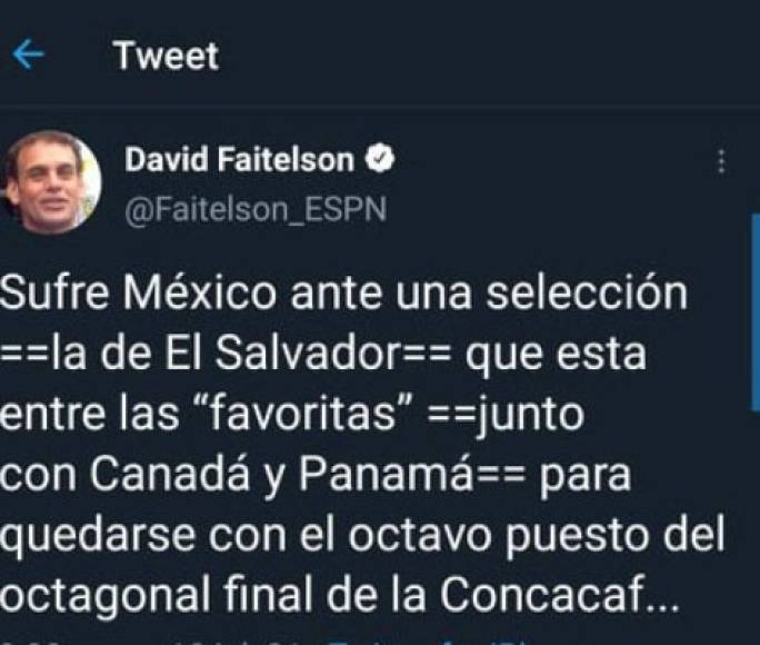 El rendimiento y victoria del Tri no pasaron desapercibidos para David Faitelson, uno de los comentaristas más influyentes de ESPN. Primero atacó a la selección de El Salvador al señalar que el equipo salvadoreño es favorito para ser último en la octagonal rumbo a Catar 2022.<br/><br/>