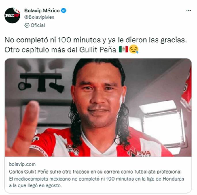 Bolavip México - “Carlos Peña sufre otro fracaso en su carrera como futbolista profesional”. “No completó ni 100 minutos y ya le dieron las gracias. Otro capítulo más del Gullit”.
