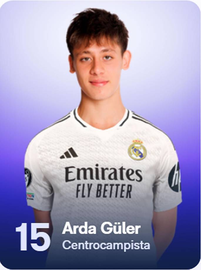Arda Güler - El joven volante turco, que jugó con el 24 la temporada pasada en el Real Madrid, llevará ahora el número 15.