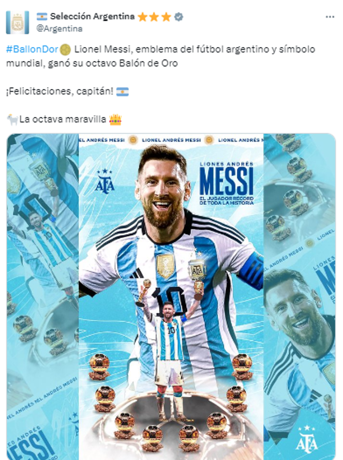 El mensaje de la selección de Argentina a Lionel Messi tras ganar su octavo Balón de Oro.