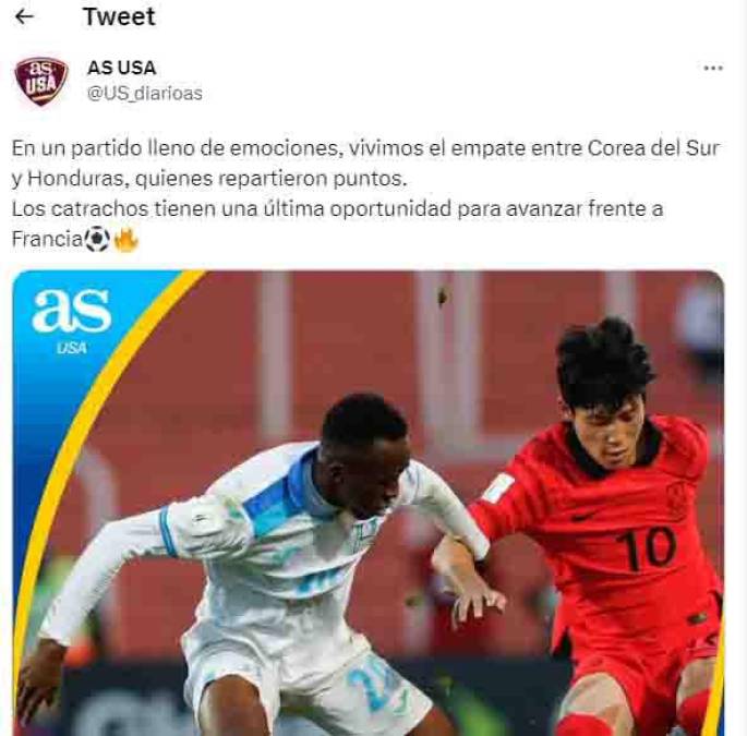 Diario AS señaló que fue un partido lleno de emociones el Honduras vs Corea del Sur.