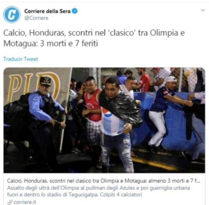 La tragedia en el Olimpia vs Motagua también llegó a la prensa de Italia.