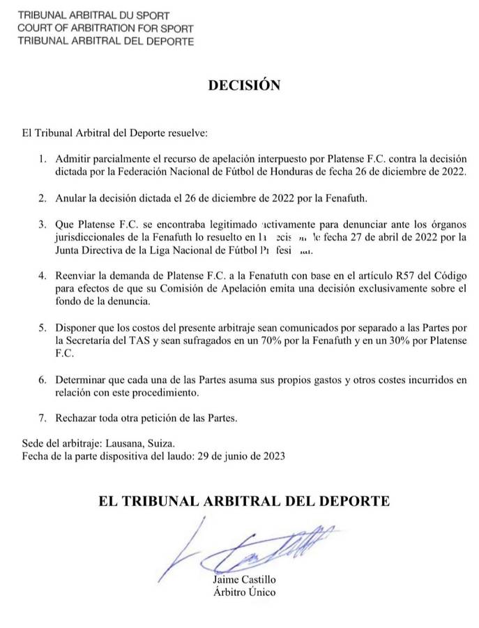 Este es el documento del TAS con fallo a favor de Platense.