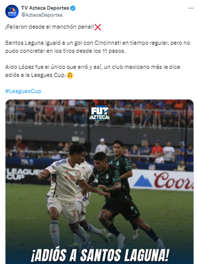 “Aldo López fue el único que erró y así, un club mexicano más le dice adiós a la Leagues Cup”, TV Azteca Deportes.