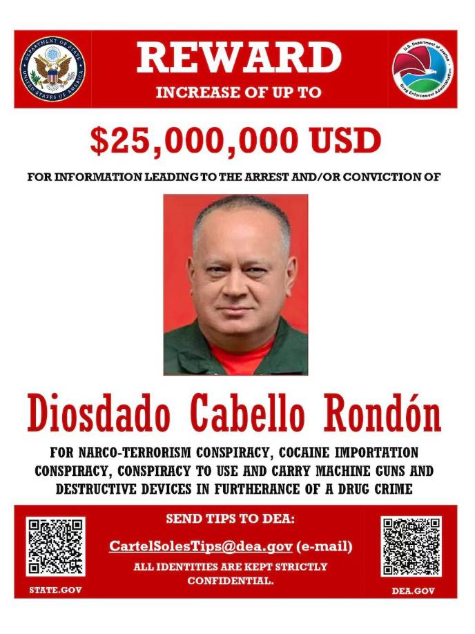 Además de la recompensa por Maduro, el Gobierno de EE.UU. ha ofrecido 25 millones de dólares por información que lleve a la captura de Diosdado Cabello