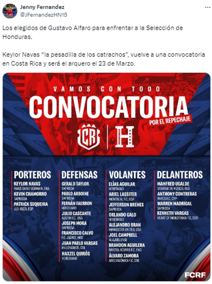 Jenny Fernández, presentadora de DIEZ TV: “Keylor Navas, la pesadilla de los catrachos vuelve a una convocatoria en Costa Rica”.