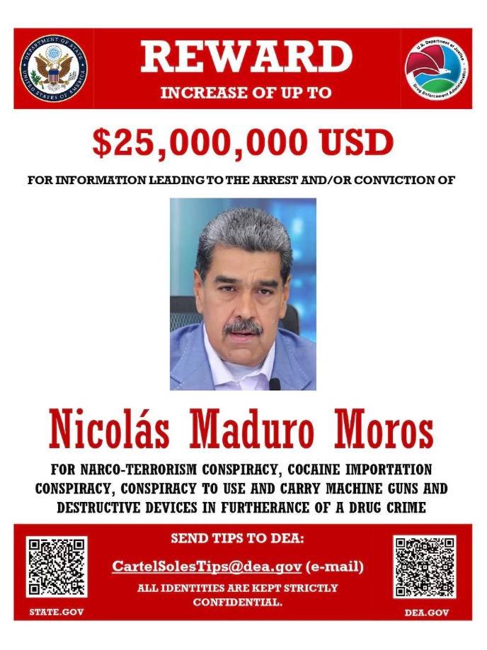 Según un comunicado oficial del Departamento de Estado, “las ofertas de recompensa han sido elevadas a hasta 25 millones de dólares por información relacionada con Maduro y su ministro del Interior y Justicia, Diosdado Cabello”.