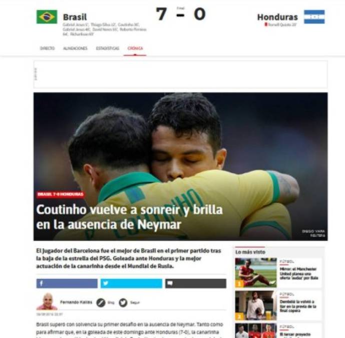 Diario As de España - 'Coutinho vuelve a sonreír y brilla en la ausencia de Neymar'. 'El jugador del Barcelona fue el mejor de Brasil en el primer partido tras la baja de la estrella del PSG. Goleada ante Honduras y la mejor actuación de la canarinha desde el Mundial de Rusia'.