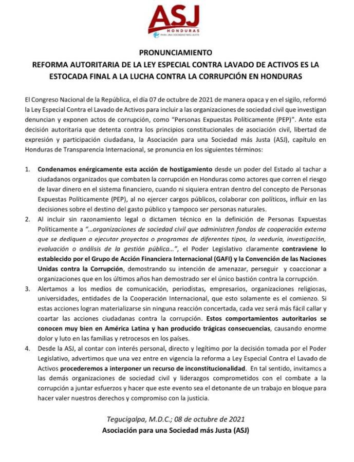 ASJ condena reforma del CN a Ley Contra Lavado de Activos