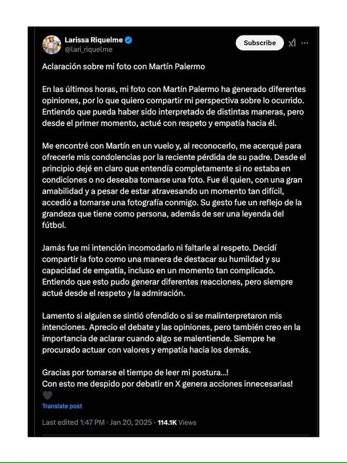 Ante el aumento de los cuestionamientos, la modelo decidió hablar y aclarar su postura a través de un extenso comunicado publicado también en X.