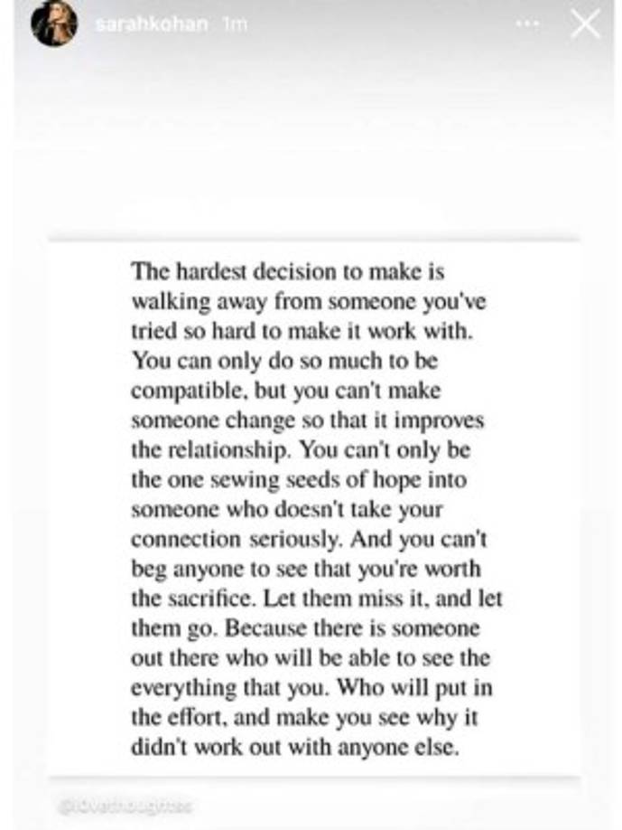 En la imagen ya no está presente Hernández. Además, Kohan adjuntó un mensaje en la publicación. 'La decisión más difícil de tomar es alejarse de alguien con quien has intentado trabajar con mucho empeño. Sólo puedes hacer ciertas cosas para ser compatible, pero no puedes cambiar a alguien para mejorar la relación. Déjalo extrañarte y déjalo ir', escribió Kohan.