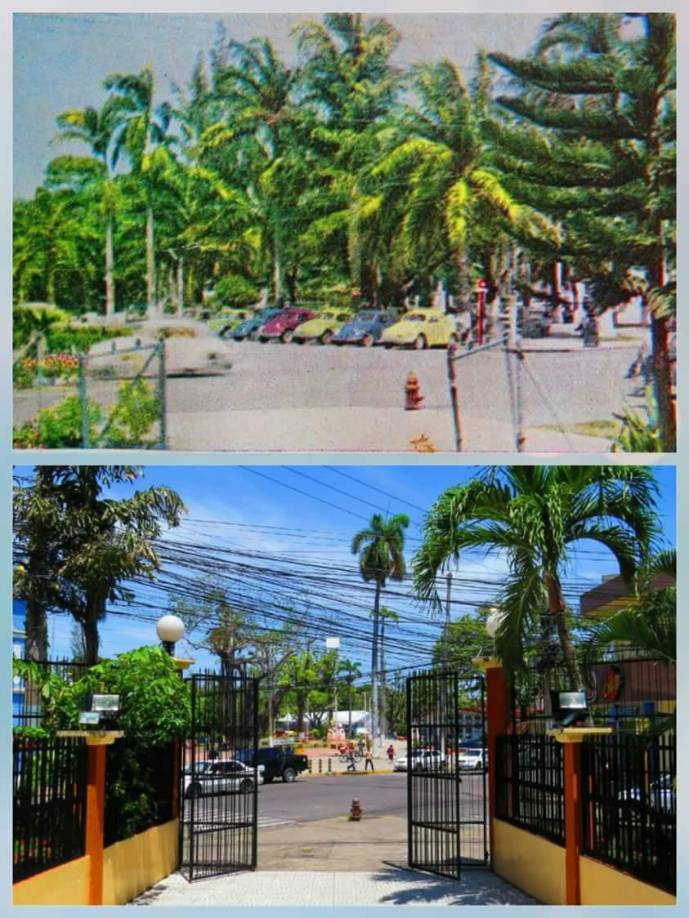 El parque central de La Ceiba ayer y hoy, visto desde la entrada de la iglesia San Isidro. 