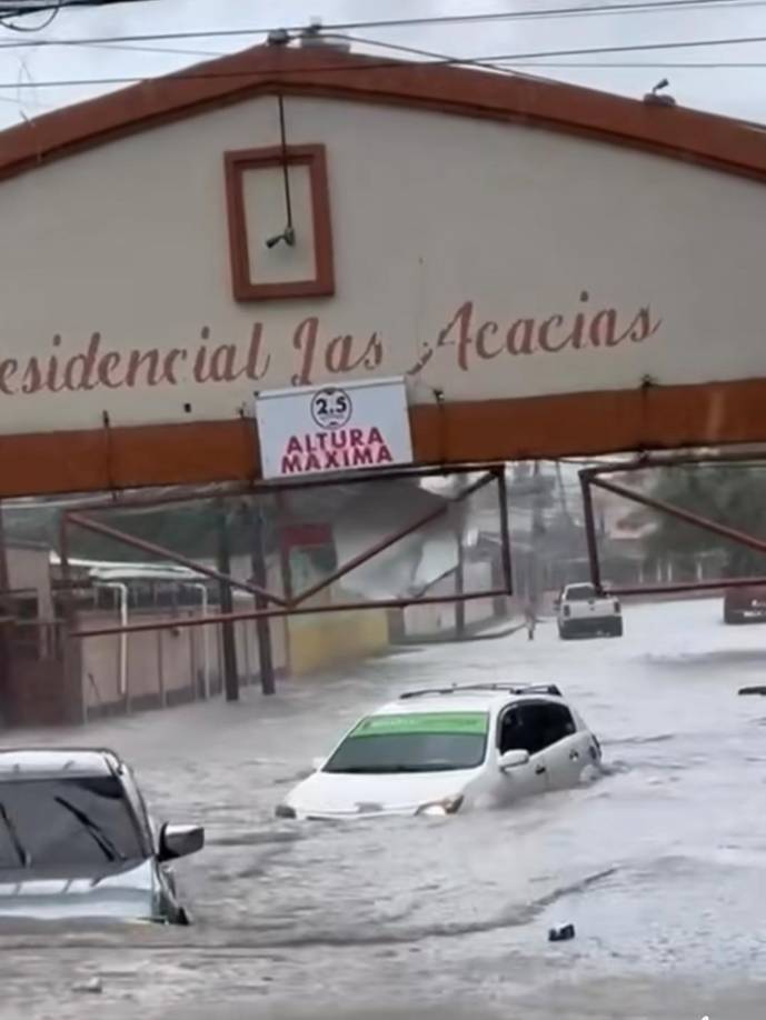 Estos dos carros salieron de la residencial Las Acacias con el agua cubriendo sus llantas.