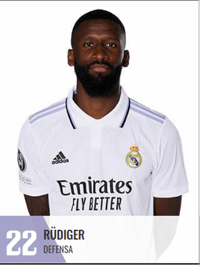 Antonio Rüdiger - El defensa alemán es uno de los nuevos fichajes del Real Madrid y usará el dorsal 22 en su espalda, número que dejó vacante Isco, quien se fue al Sevilla. Al teutón le gustaba el 2 que lleva con Alemania y que está en poder de Dani Carvajal, así que optó por doblar el número. 