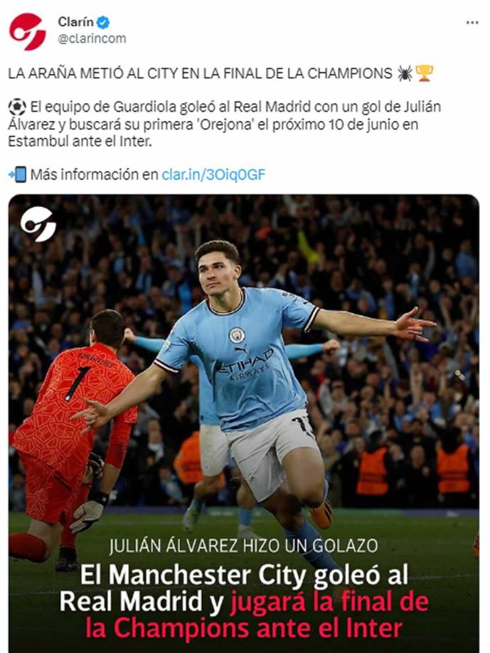 Diario Clarín - “El Manchester City goleó al Real Madrid y jugará la final de la Champions ante el Inter. Julián Álvarez hizo un golazo”.