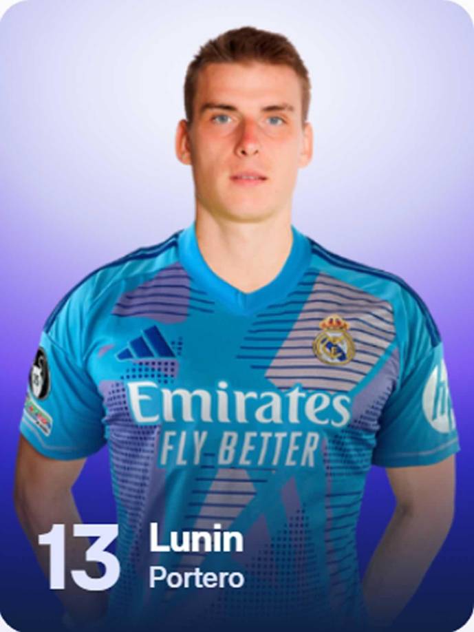 Andriy Lunin - El guardameta ucraniano se mantiene con el dorsal 13 con el que destacó la campaña pasada en el Real Madrid ante la lesión de Courtois.