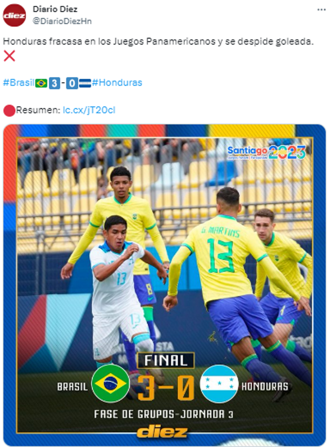 Diario Diez: “Honduras fracasa en los Juegos Panamericanos y se despide goleada”.