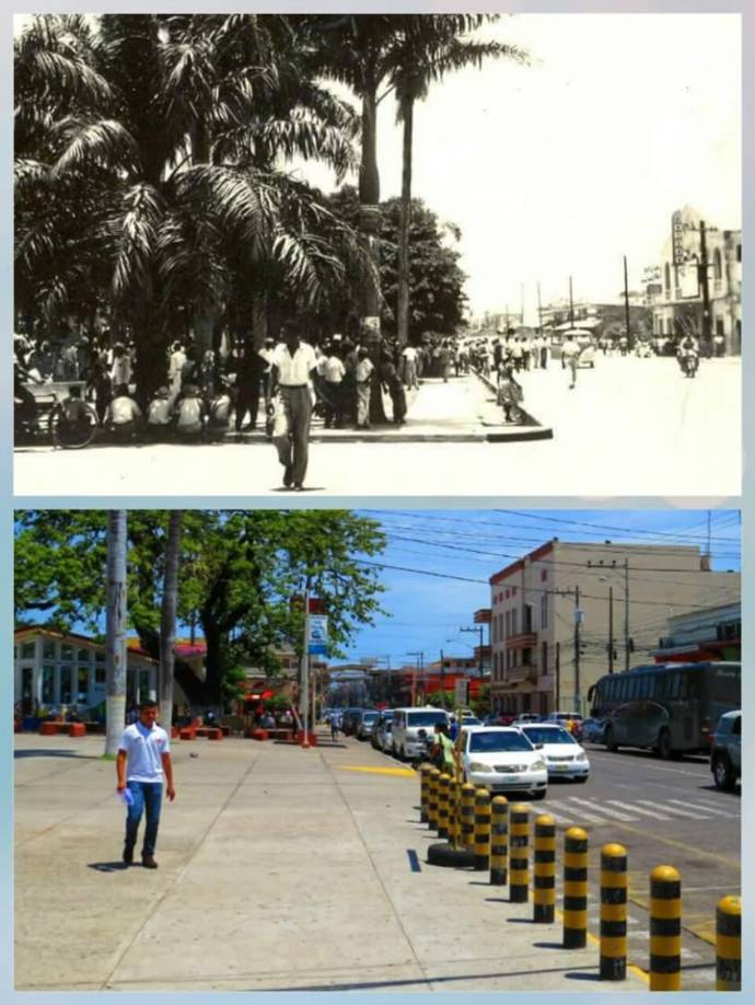 El parque central en la década de los años 70 esquina opuesta al edificio de la alcaldía. La calle 9 fue cerrada en 2014 durante la remodelación de la plaza, misma que será abierta de nuevo en los próximos días. 