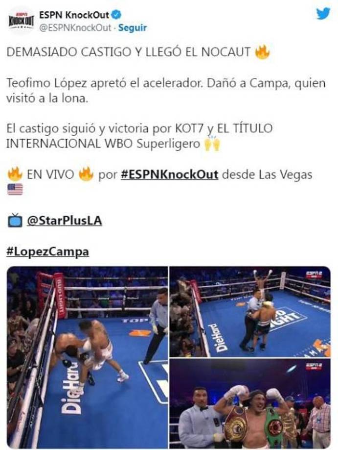 “Demasiado castigo y llegó el nocaut”, señaló la cuenta de ESPN alusiva al boxeo.