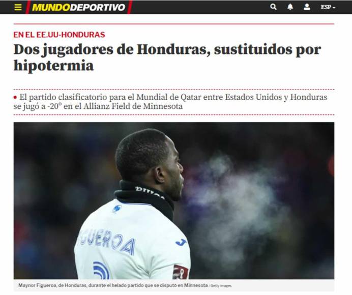 Mundo Deportivo de España - “Dos jugadores de Honduras, sustituidos por hipotermia”.