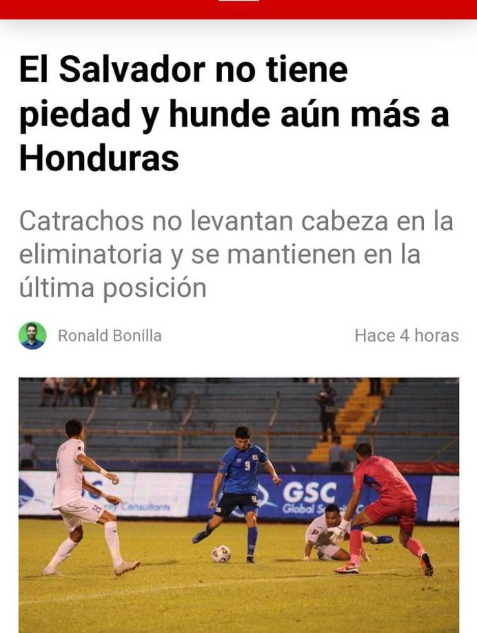 Medios internacionales señalaron que El Salvador no tuvo piedad de una Honduras que no levanta cabeza en la octagonal.