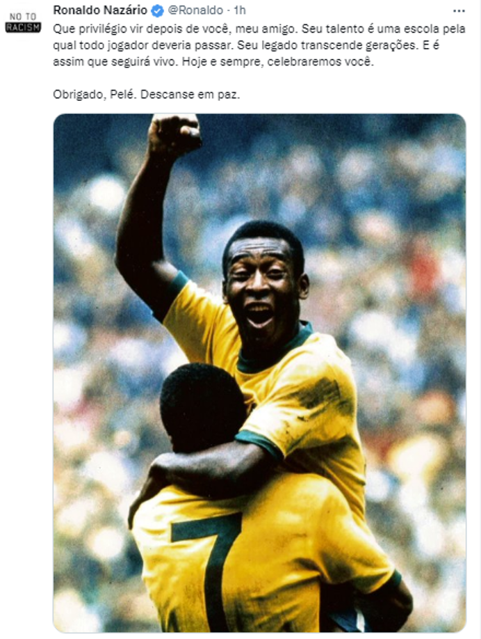 Ronaldo (Brasil): “El rey del fútbol. Uno solo. El mayor de todos los tiempos. El mundo de luto y la tristeza de la despedida mezclada con el orgullo inmenso de la historia escrita”.