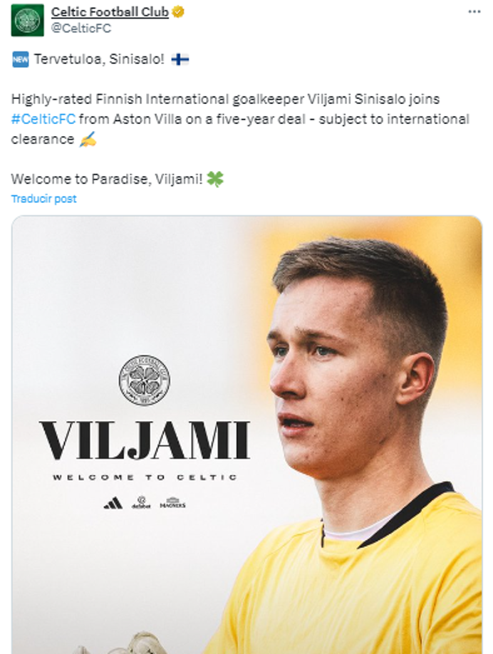 Nuevo compañero de Palma. OFICIAL / El Celtic de Escocia anunció este martes el fichaje del portero finlandés Viljami Sinisalo, quien llega procedente del Aston Villa.