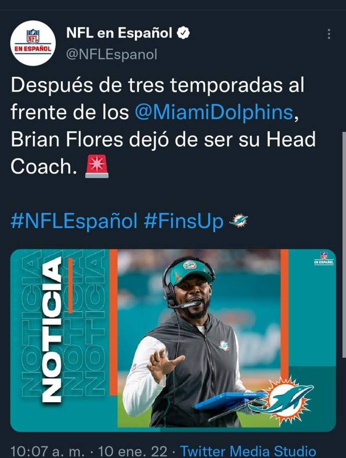 La cuenta oficial de la NFL informó sobre el adiós de Brian Flores como entrenador en jefe de los Miami Dolphins.