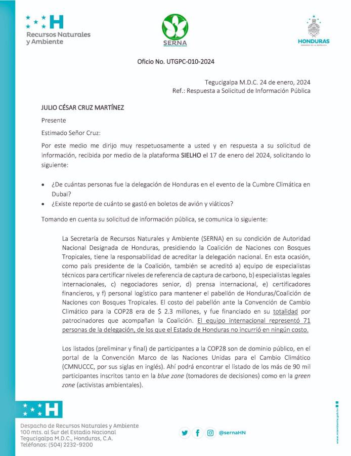 La Secretaría de Recursos Naturales explicó algunos de los alcances del viaje a Dubái, encabezado por Xiomara Castro, en la solicitud SERNA-597-2024.