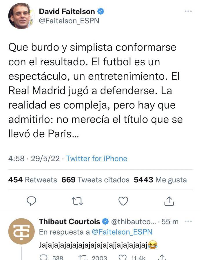 Courtois le respondió a Faitelson luego que el periodista señaló que Real Madrid “no merecía ganar la Champions”.